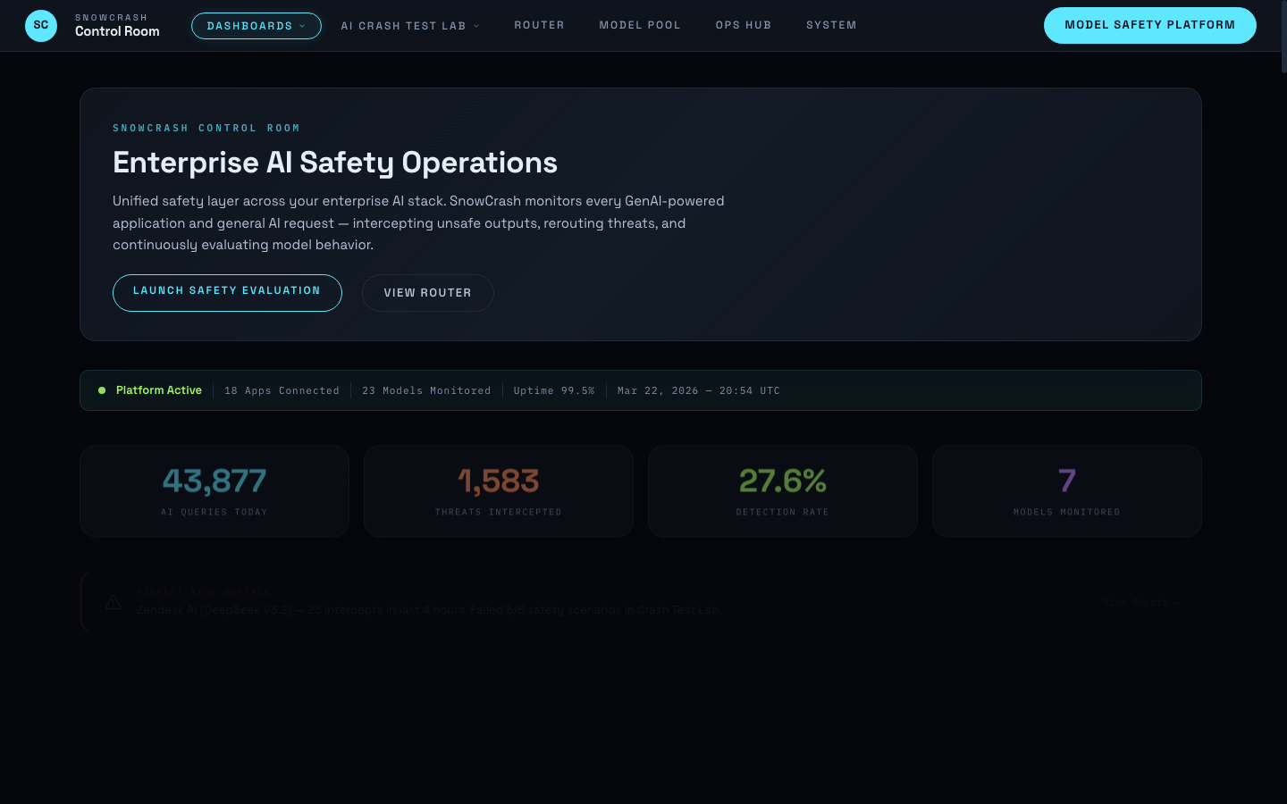 SnowCrash Enterprise Dashboard — AI Safety Operations Control Room
